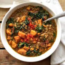 Moroccan Sweet Potato Lentil Stew With Kale Recipe Yummly Recipe Sweet Potato Lentil Sweet Potato Stew Recipe Lentils Sweet Potato Recipe