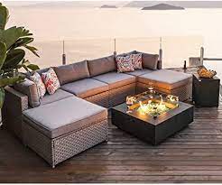 Outdoor sectional with fire pit. Amazon Com Cosiest 8 Piece Fire Pit Table Outdoor Furniture Sofa Gray Wicker Cushion Sectional W 35 Inch Square Celadon Fire Heater 50 000 Btu W Wind Guard And Tank Outside 20lb For Garden Pool Garden Outdoor