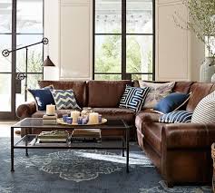 L Shaped Brown Leather Sofa Looks Great And Refreshed With Navy Brown Living Room Decor Brown Couch Living Room Leather Couches Living Room