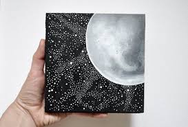 Black And White Painting Easy For Kids Night Landscape Moon Stars Original Acrylic Painting Astronomy Art Black And White Painting On Wood Size 15 Astronomy Art Night Landscape Stone Painting