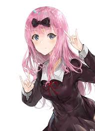 Wallpaper Kaguya Sama Love Is War Anime Girls Fan Art 2d Simple Background School Uniform Pink Hair Long Hair Big Boobs Blue Eyes Smiling Looking At Viewer Chika Fujiwara Black Dress
