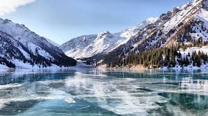Kazakhstan is the largest landlocked country in the world, encompassing the lowest point in the former soviet union and a peak of 7,000 m, as well as having both desert and mountain climates. Snow Lake Frozen Lake Kazakhstan Ice Mountain Landscape Beautiful Winter Scenes Scenic Lakes Winter Scenes