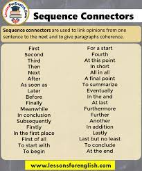 You can also use them sentence connectors are usually placed at the beginning of a sentence and may be categorized as. Sequence Connectors Definition And Examples Lessons For English