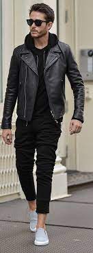 Black Hoodie With Black Joggers And Black Leather Jacket Leather Jacket Outfits Leather Jacket Men Mens Outfits