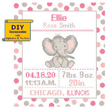 Free cross stitch patterns for babies picture birth announcement. Baby Elephant Cross Stitch Birth Announcement Cross Stitch Birth Record Elephant Baby Boy Girl Elephant Nursery Pink Birth Sampler Jungle Zindagi Designs