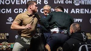 Saul Canelo Alvarez And Caleb Plant Throw Punches During Face Off Before Undisputed Championship Fight Boxing News Sky Sports
