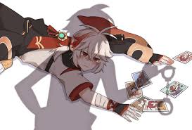 kaedehara kazuha, shikanoin heizou, genshin impact, 2boys, antenna hair,  apu spills his tendies (meme), armor, b57256957, bandaged arm, bandaged  hand, bandages, black gloves, black scarf, blush, closed mouth, crossed  bangs, fallen down,