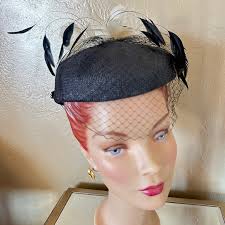 GRACEFUL 1960's BLACK STRAW PILLBOX HAT + BLACK/WHITE FEATHERS, BOW & HALF  VEIL