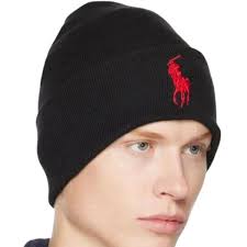 Polo Ralph Lauren Big Pony Cuffed Beanie Hat Black Red Embroidery
