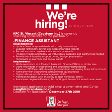 Jobs are widely available in most large towns and cities, but less so in rural areas. Kfc St Vincent Job Vacancy Finance Assistant Facebook