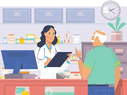 Pharmacist Serving Senior Man In Pharmacy Gambar Simpel Poster Desain Grafis Desain Karakter
