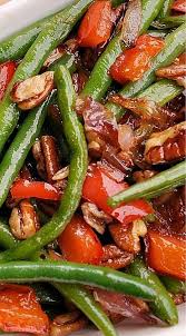 Green Beans With Pecans Red Peppers And Onions Recipe Veggie Dishes Recipes Stuffed Peppers