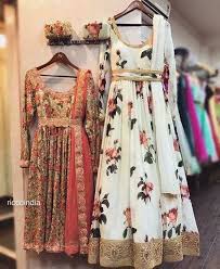 Delisa indian/pakistani bollywood party wear long anarkali gown for womens lt new. Custommade Gold Anarkali And White Floral Anarkali With Custom Clutches Floral Print Dresses Indian Designer Anarkali Dresses Anarkali Dress