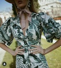 Reduced Johanna Ortiz X H M Sz L Natural White Leaf Print Linen Blend Dress Ebay