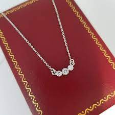 Beautiful 3 Stone Diamond Necklace In 14k White Gold Handmade Bezel Set Lovely On The Neck Line Necklace Diamond Necklace Heart Necklace Diamond Diamond
