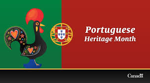 Green and red Portuguese flag with the country's Coat of Arms and a stylized rooster. White text reading Portuguese heritage Month.