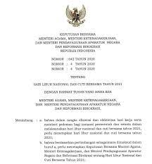Kepala dan kepala nomor : Kementerian Pendayagunaan Aparatur Negara Dan Reformasi Birokrasi Libur Nasional Dan Cuti Bersama Tahun 2021 Sebanyak 23 Hari