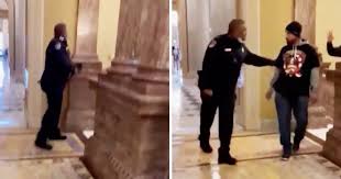 In this image made from video and provided by huffpost, capitol police officer eugene goodman speaks to an angry mob inside the u.s. Black Officer Risks His Life To Lead Rioters From Senate Chambers