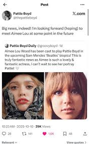 Pattie Boyd has confirmed that Aimee Lou Wood will be playing her in Sam  Mendes' 'The Beatles — A Four-Film Cinematic Event' : r/beatles
