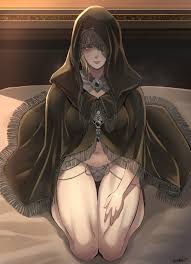 butcha-u, fia the deathbed companion, elden ring, highres, 1girl, artist  name, bare legs, blonde hair, blue eyes, cloak, deathbed smalls, hood, hood  over one eye, hood up, hooded cloak, looking at viewer,