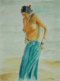 Facing the Sun for Fecundity (Watercolor of Semi-Nude Indian Woman)  Painting by Jayne Somogy | Saatchi Art Thailand