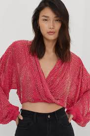 Beaded Batwing V Neck Cropped Blouse Nasty Gal