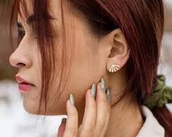 Fan Shaped Gold Studs, Brushed Gold Sunburst Geometric Studs, Sun Stud  Earrings