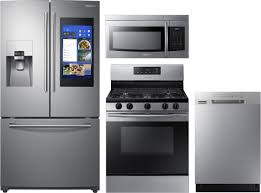 Sets are available in a 3 piece bundles for small renovations, 4 piece bundles for full upgrade and up to 7 piece bundles for complete kitchen remodeling. Samsung Sareradwmw2618 4 Piece Kitchen Appliances Package With French Door Refrigerator Gas Range Dishwasher And Over The Range Microwave In Stainless Steel