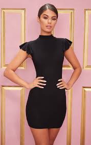Black High Neck Cap Sleeve Bodycon Dress Shop The Range Of Dresses Today At Prettylittlething Express D Ribbed Bodycon Dress Bodycon Dress Women Dress Online