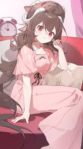 teketi, eyjafjalla (arknights), arknights, absurdres, commentary request,  highres, 1girl, alarm clock, animal ears, breasts, brown hair, clock,  closed mouth, dress, feet out of frame, hand up, horns, long hair, looking  at viewer,