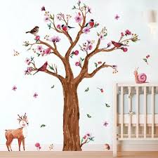 Birch Tree Wall Decal Canada Hand Painted Tree With Cute Little Animals Deer Birds And A Little Snail The Perfect Th Birch Tree Wall Decal Nursery Wall Decals Tree Animal Nursery Decals