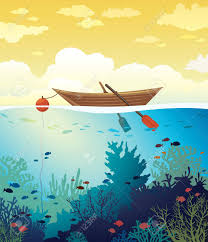 Vector Seascape - Wooden Boat On A Sunset Sky And Underwater Marine Life  With School Of Fish And Coral Reef. Summer Tropical Illustration. Royalty  Free Cliparts, Vectors, And Stock Illustration. Image 68425430.