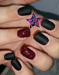 Black Acrylic Nails With Glitter On Ring Finger Matte Black Gel Polish With Red Glitter Red Nails Glitter Short Acrylic Nails Designs Black Nails With Glitter