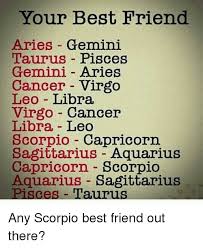 Aries and cancer may connect well by arguing, which gets them heated and passionate. Your Best Friend Aries Gemini Taurus Pisces Gemini Aries Cancer Virgo Leo Libra Virgo Cancer Libra Leo Scorpio Capricorn Sagittarius Aquarius Capricorn Scorpio Aquarius Sagittarius Pisces Taurus Any Scorpio Best