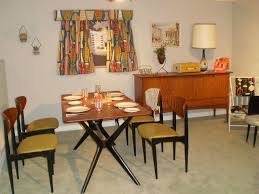 Vintage dining furniture, wooden table and upholstered chairs. 1950 S Dining Room 1950s Dining Room Mcm Dining Room 50s Interior