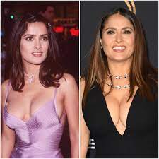 Two pictures of Salma Hayek 25 years apart. Left is from 1996 and right  from 2021 : r pics