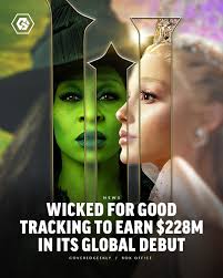 Wicked: For Good is now tracking to earn $228 million at the global box  office during its worldwide debut,