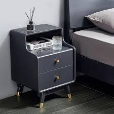 With a stained finish, featuring angled legs and a unique cutout handles that add to the design. Blue Nightstand Modern Nightstand Stylish Bedside Table With 2 Drawers With Shelf