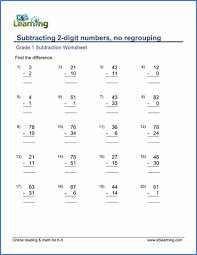 The worksheets in this section have different levels of complexity, including adding a single digit number to a two digit number, two digit plus two digit. Grade 1 Math Worksheet Subtracting 2 Digit Numbers No Regrouping K5 Learning