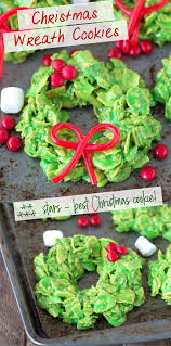 No Bake Christmas Wreath Cookies Made With Corn Flakes Marshmallows And Green Food Coloring Christmas Wreath Cookies Wreath Cookies Christmas Baking Cookies