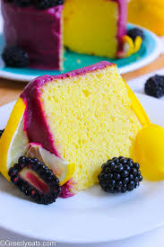 Lemon Chiffon Cake Recipe With Blackberry Glaze Greedy Eats In 2020 Lemon Chiffon Cake Lemon Recipes Cake Recipes