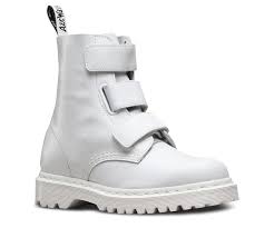 Black Boots White Sole The New Coralia Is A 3 Strap Velcro Boot In Venice Leather A Lightweight Full Grain Leather With A Soft Feel Mad White Leather Boots Boots Dr Martens Boots