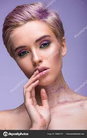 Attractive Woman Violet Glitter Neck Short Hair Touching Lips Isolated —  Stock Photo © AllaSerebrina #196600174