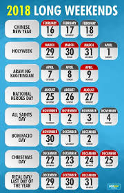 Make it 12 long weekends in 2021 by taking seven leave days. Bulletin List Of 2018 Holidays In The Philippines Deped Tambayan Ph Long Weekend Philippines Weekend