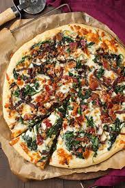 Caramelized Onion Bacon And Spinach Pizza Spinach Pizza Homemade Pizza Recipes