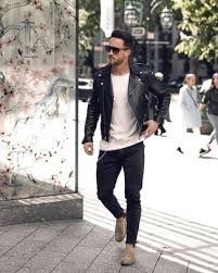 Pull on these classic mens chelsea boots to finish off an outfit with a cool and refined flair. Men S Black Leather Biker Jacket White Crew Neck T Shirt Black Skinny Jeans Grey Suede Chelsea Boots Leather Jacket Men Style Mens Outfits Mens Casual Outfits