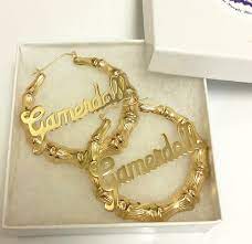 Keep it simple with pretty studs or go for elongating drop. Gold Large Bamboo Name Hoop Earrings Be Monogrammed