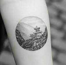 Maybe you would like to learn more about one of these? Circular East Asian Scenery Tattoo Scenery Tattoo Minimalist Tattoo Circular Tattoo