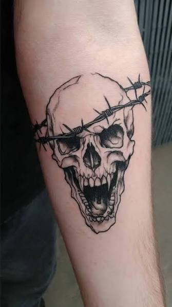 Barbed Wire Skull Tattoo Design – Dark Gothic Skull Forearm Tattoo Art | Stylish Mehndi designs