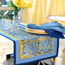 Bougainvillea Yellow Blue Runner French Linen Runner By Bruno Lamy Blue Table Runner Linen Table Runner Quilted Table Runners
